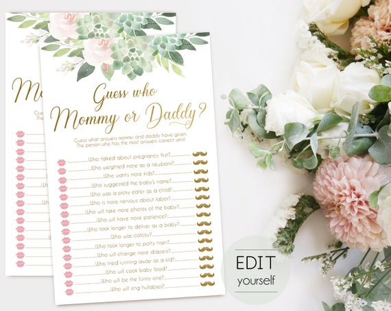 Guess Who Mommy Or Daddy, Baby Shower Game, Template Guessing Game Mommy Said Daddy Said, Guess Who Mommy or Daddy, Succulent and gold