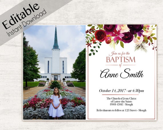 Baptism Invitation Girl, Editable PDF, Girl Invitation Burgundy Wine watercolor, Baptism Invite, Photo, Girl Baptism Template