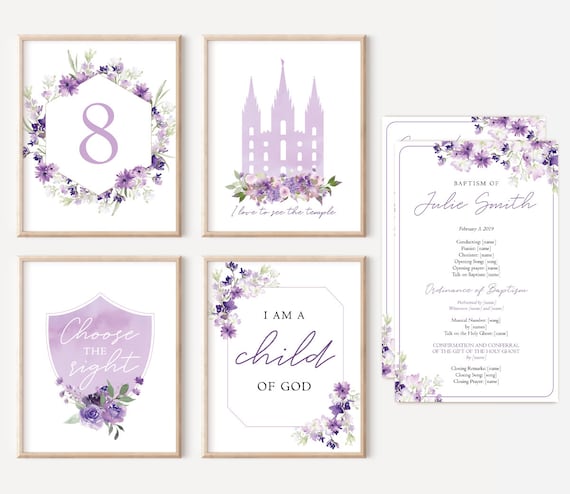 Editable LDS Baptism Program, Poster Baptism, Choose the Right, I love to see the temple, Purple Lilac Baptism, Instant Download, Corjl