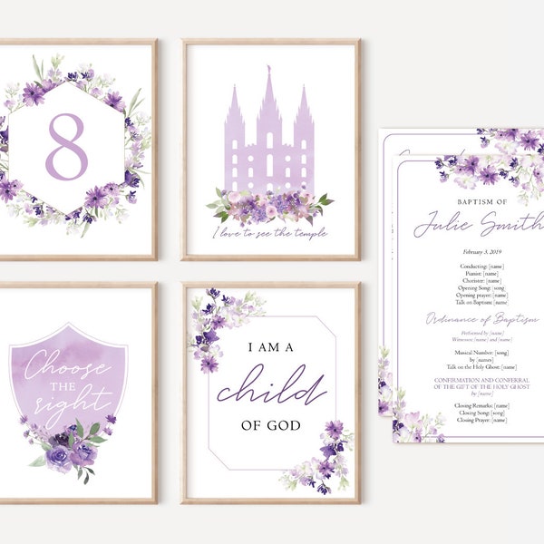 Editable LDS Baptism Program, Poster Baptism, Choose the Right, I love to see the temple, Purple Lilac Baptism, Instant Download, Corjl