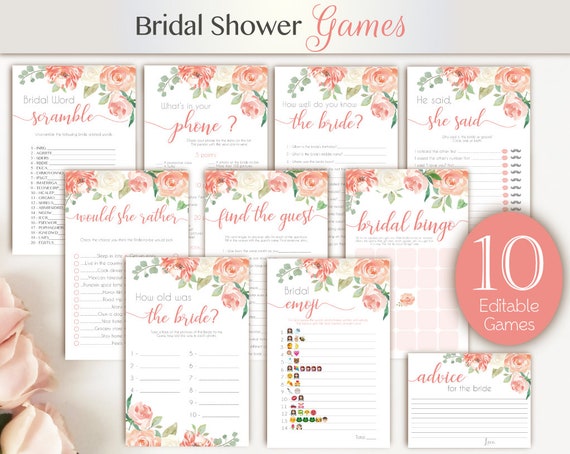 Bridal Shower Games Peach Floral, Editable Bridal Shower Games Package, Floral Bridal Shower, Watercolor Floral, Bridal Shower Set Bundle