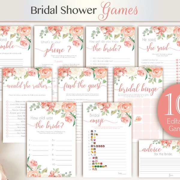 Bridal Shower Games Peach Floral, Editable Bridal Shower Games Package, Floral Bridal Shower, Watercolor Floral, Bridal Shower Set Bundle