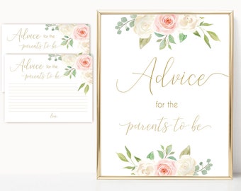Advice for the parents to be Sign, Advice Cards, Baby Shower Sign Printable, Romantic Blush Pink Floral Gold, Baby Shower, Instant Download