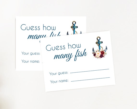 Nautical Bridal Shower Game, How many fish game, Floral Anchor, Burgundy Blush Anchor Bridal Navy Nautical, how many fish cards