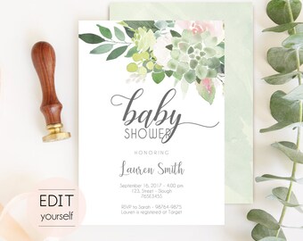 Succulent Baby Shower Invitation, Editable Succulent Dusty Rose, Baby Shower invitation, Printable Baby Shower Invitation, Editable PDF