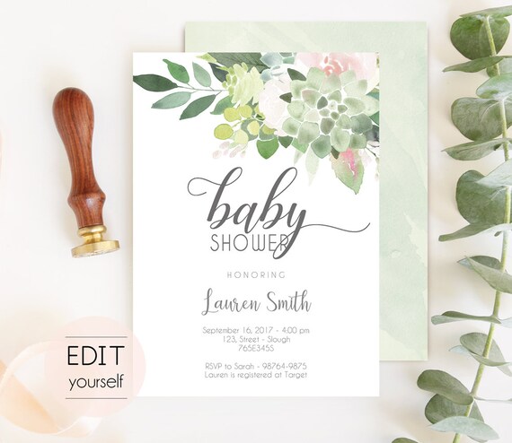 Succulent Baby Shower Invitation, Editable Succulent Dusty Rose, Baby Shower invitation, Printable Baby Shower Invitation, Editable PDF