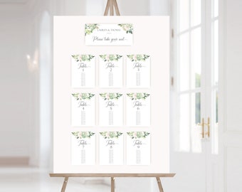 Bruiloft zitplaatsen grafiek sjabloon, PDF bewerkbare bruiloft tafel zitplaatsen grafiek teken, PDF direct downloaden, vetplanten groen bloem