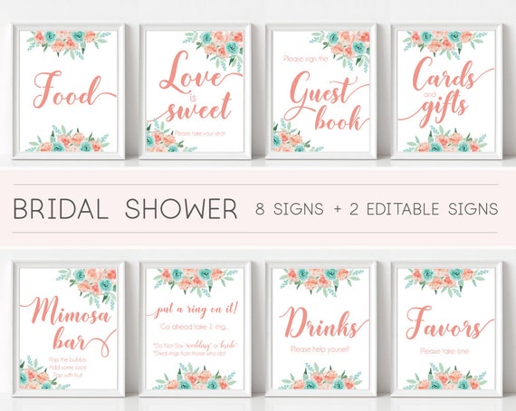 Bridal Shower Sign Set, Bridal Shower Sign Package Bundle, Printable Bridal Tea Sign, Peach Mint Turquoise Floral Sign, Editable Sign