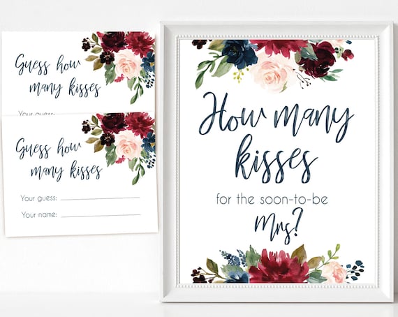 How many kisses for the soon to be Mrs, Blue Navy Marsala Burgundy Blush Floral, How many kisses cards and sign, How many kisses card