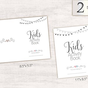 May include: Two printable activity book covers with a string of lights design. The larger cover is 11 inches by 8.5 inches and the smaller cover is 8.5 inches by 5.5 inches. Both covers feature the text "Kids Activity Book" and a small heart design.