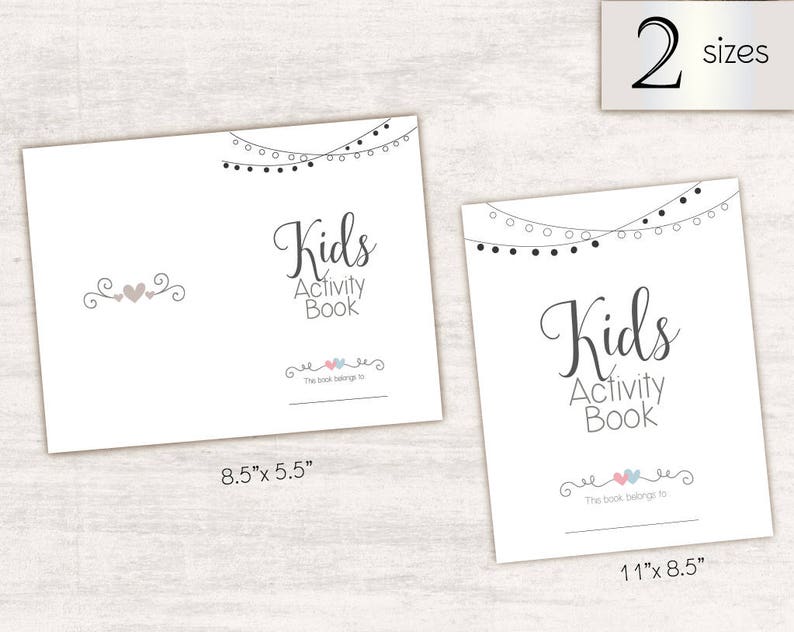 May include: Two printable activity book covers with a string of lights design. The larger cover is 11 inches by 8.5 inches and the smaller cover is 8.5 inches by 5.5 inches. Both covers feature the text "Kids Activity Book" and a small heart design.