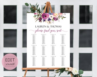 Bruiloft zitplaatsen grafiek sjabloon, 7 sjablonen, bewerkbare bruiloft tafel zitplaatsen grafiek poster teken, PDF Instant Download, lavendel paarse bloemen