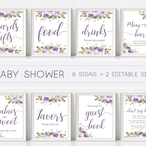 Baby Shower Sign, Baby Shower Sign Package Bundle, Printable Baby Shower Sign, Lilac Lavender Purple Floral Sign, Editable Sign
