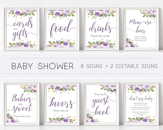 Baby Shower Sign, Baby Shower Sign Package Bundle, Printable Baby Shower Sign, Lilac Lavender Purple Floral Sign, Editable Sign