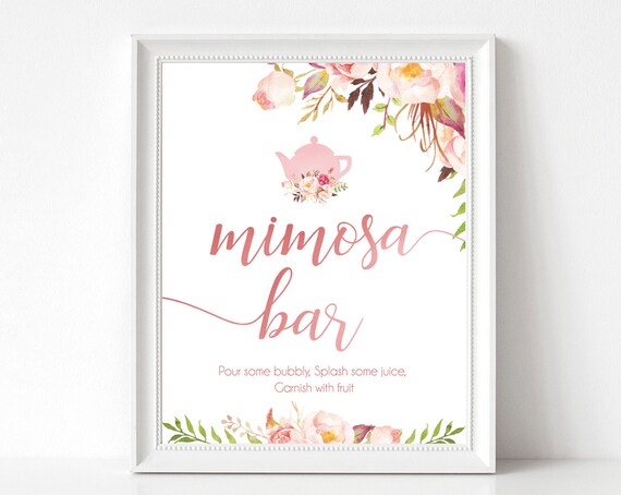 Mimosa Bar Sign, Bridal Tea, Romantic Blooms Rose Floral and Rose Gold, Bubbly Bar sign, Wedding Bar Sign, Bridal tea sign