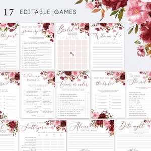 Bridal Shower Games Bundle, Burgundy Flowers, Editable Games Bridal shower, Set printable game bridal shower package, Corjl