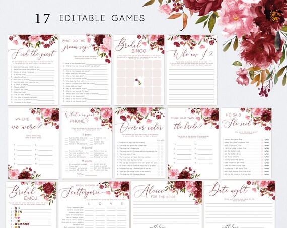 Bridal Shower Games Bundle, Burgundy Flowers, Editable Games Bridal shower, Set printable game bridal shower package, Corjl
