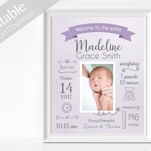 Birth Announcement, Editable BIRTH Stats printable wall art template, Print Sign poster wall art, purple baby girl, instant download