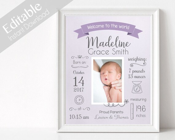 Birth Announcement, Editable BIRTH Stats printable wall art template, Print Sign poster wall art, purple baby girl, instant download