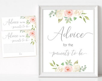 Advice for the parents to be Sign, Advice Cards, Baby Shower Sign Printable, Romantic Blush Pink White Floral, Baby Shower, Instant Download