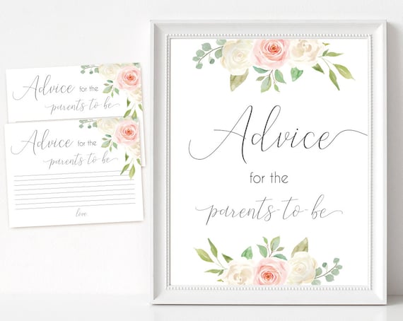 Advice for the parents to be Sign, Advice Cards, Baby Shower Sign Printable, Romantic Blush Pink White Floral, Baby Shower, Instant Download