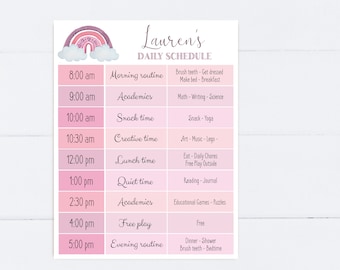 Editable Home School Daily Planner, Editable Daily Routine Schedule, Pink Rainbow Routine Schedule Chart, Daily Homeschool Planner, Corjl