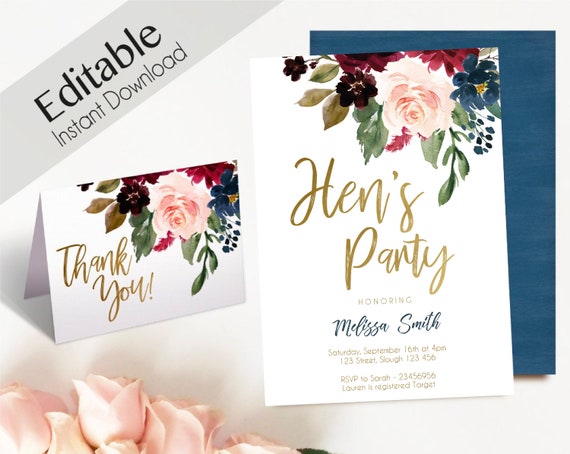 Hen's Party Invitation, Editable PDF, Hens Party Blue Navy Marsala Burgundy Blush Gold ,Thank you Card,  DIY Bridal Invitation Template