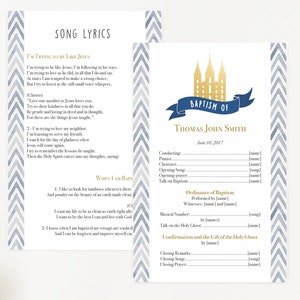 Baptism Program, Editable PDF, LDS Printable Digital Handout Baptism, navy and gold program, watercolor, boy baptism, lds baptism,