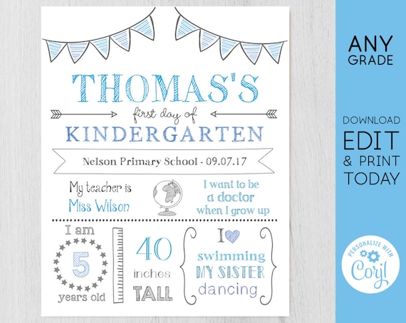 Editable Back to School Sign, First/Last Day of School Sign, Printable First and Last Day of School Sign Template with Child Details, Corjl