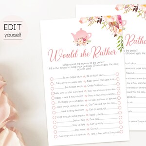 Redigerbart Would She Rather babyshower-spel, Would She Rather, Vem känner mamma bäst, Babyte-spel, Romantiska blommor, Rosblommor, Tekanna
