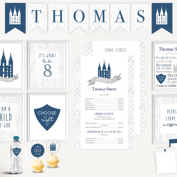 Taufe Junge Kit LDS - Bearbeitbares HLT-Taufprogramm, Cupcake Toppers, Wasserflasche Wraps, Grußkarte, Poster Taufe, Sofort Download, Banner