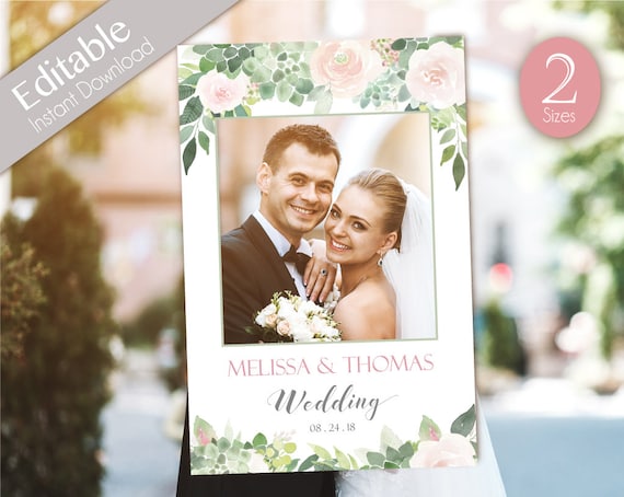 Wedding Photo Booth Frame, Wedding Photo Prop Frame, Photo Booth Prop, Instant Download, Editable PDF, Succulent greenery Dusty Rose Floral