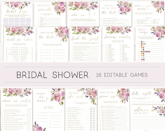 Bridal Shower Games, Mauve Rose Bridal Games Bundle, Mauve Rose Gold, Pale Pink Purple Violet, DIY Editable Bridal Games, Corjl