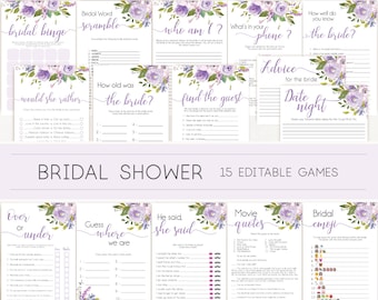Bridal Shower Games, Bridal Shower Games Bundle, Lilac Lavender, Editable Bridal Shower Games Package, Bridal Shower Games Lilac Floral Game