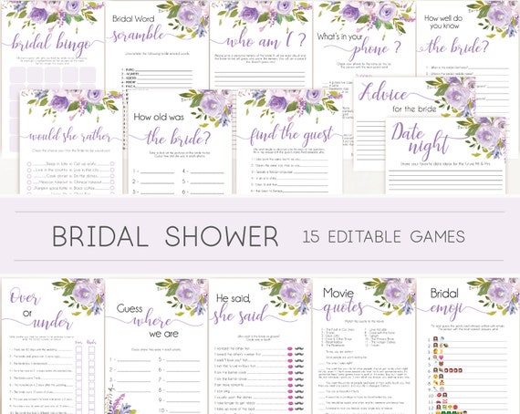 Bridal Shower Games, Bridal Shower Games Bundle, Lilac Lavender, Editable Bridal Shower Games Package, Bridal Shower Games Lilac Floral Game