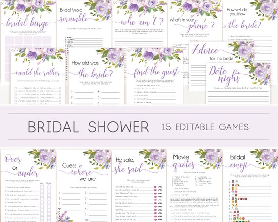 Bridal Shower Games, Bridal Shower Games Bundle, Lilac Lavender, Editable Bridal Shower Games Package, Bridal Shower Games Lilac Floral Game