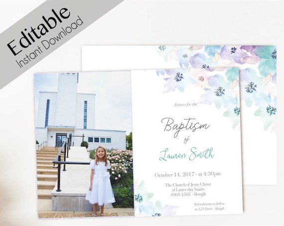 Baptism Invitation Girl Editable PDF Girl Invitation purple lilac green blue watercolor. Invite Photo Girl Baptism Invitation Template