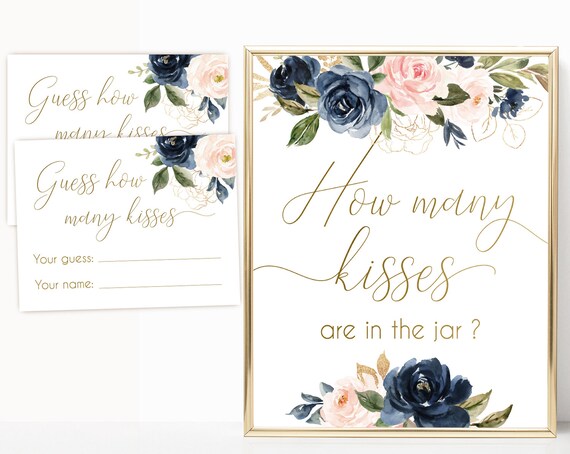 How many kisses are in the jar sign, How many kisses cards and sign, Bridal Shower How many kisses, Navy Gold Rose Bridal Shower, BG01