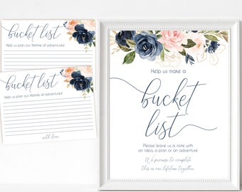 Wedding Bucket List, Bucket List Wedding, Bucket List Guest Book, Wedding Guest Book Ideas, Bucket List Printable, Navy Blue Blush Rose