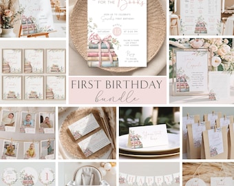 Floral First Birthday Invitation Bundle, Editable Template (Corjl, Digital Download)
