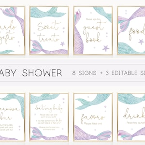 May include: Eight printable signs for a baby shower with a mermaid theme. The signs feature watercolor illustrations of mermaid tails with a light blue and purple color scheme. The signs include text such as "Cards and Gifts", "Sweet Treats", "Guest Book", "Food", "Mimosas Bar", "Don't Say Baby", "Favors", and "Drinks".