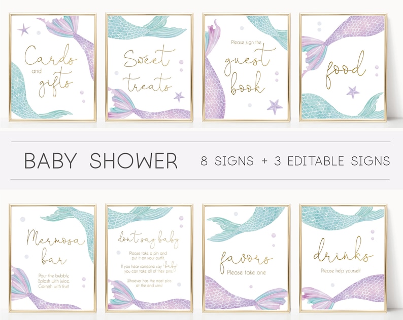 May include: Eight printable signs for a baby shower with a mermaid theme. The signs feature watercolor illustrations of mermaid tails with a light blue and purple color scheme. The signs include text such as "Cards and Gifts", "Sweet Treats", "Guest Book", "Food", "Mimosas Bar", "Don't Say Baby", "Favors", and "Drinks".