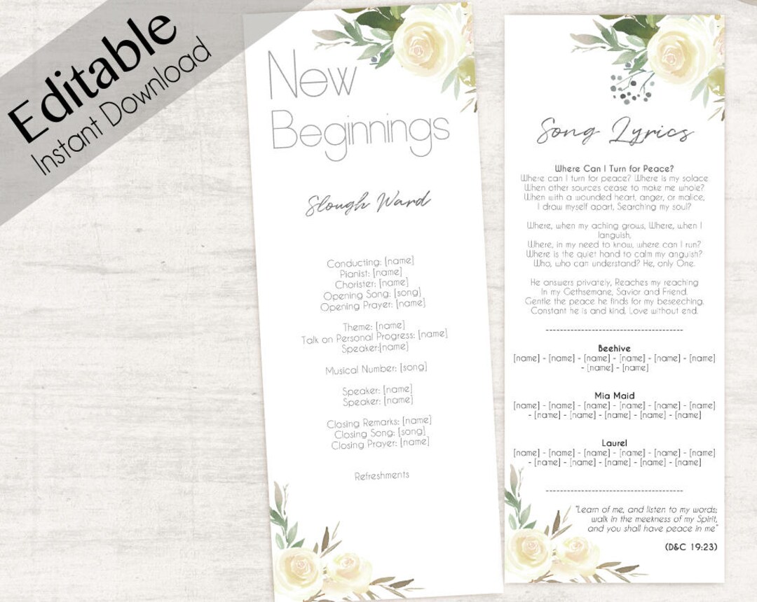 YW New Beginnings Program, Editable Program Young Women White Program ...