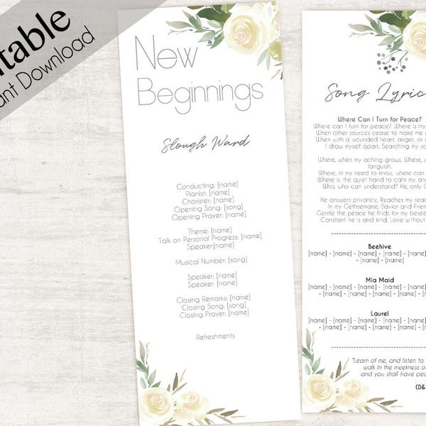 YW New Beginnings Program, Editable Program Young Women white Program, Instant Download, New Beginnings editable program, 2018 Mutual Theme