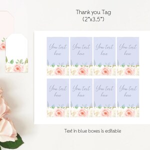 May include: Eight printable thank you tags with a floral design. The tags are 2 inches by 3.5 inches and feature a light purple background with pink and white flowers. The text "Your text here" is in blue boxes and is editable.