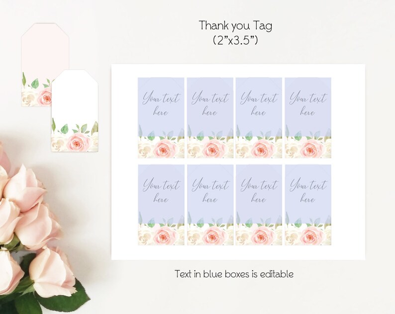 May include: Eight printable thank you tags with a floral design. The tags are 2 inches by 3.5 inches and feature a light purple background with pink and white flowers. The text "Your text here" is in blue boxes and is editable.