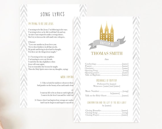 Baptism Program, Editable Program, LDS Printable Digital Handout Baptism, gold program, boy baptism, girl baptism, neutral baptism, Corjl