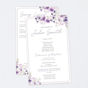 LDS Editable Baptism Program, Editable Purple Lilac flowers Program, Editable Girl Baptism Program, Baptism Program Template, Corjl