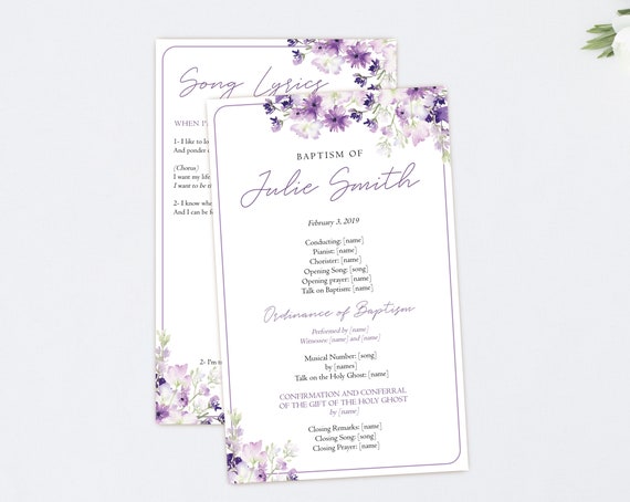 LDS Editable Baptism Program, Editable Purple Lilac flowers Program, Editable Girl Baptism Program, Baptism Program Template, Corjl