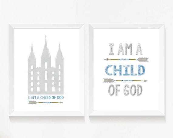 Set of 2 print, I am a child of God, lds Temple, Instant Download Printable LDS Gift Art print Boy room decor, blue and grey, arrows